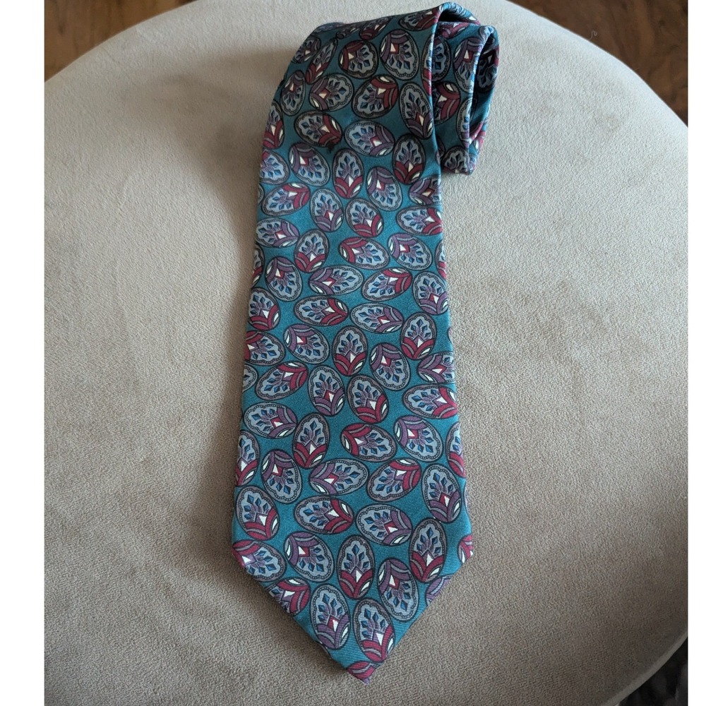 Christian Dior Monsieur Silk‎ Tie Teal Burgundy Medallion Geometric Woven Italy